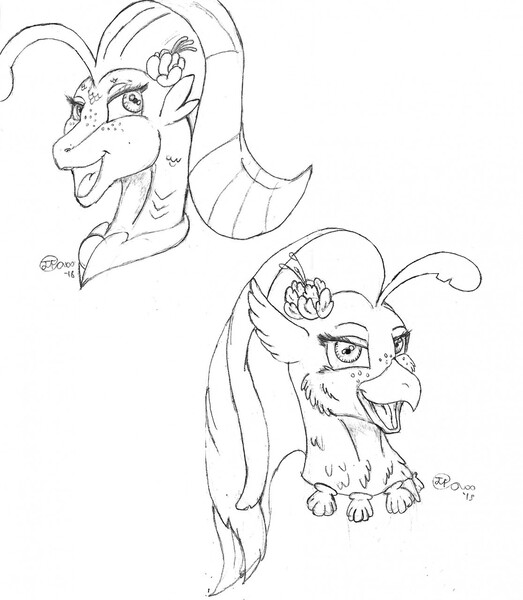 Size: 1116x1280 | Tagged: safe, artist:jimfoxx, derpibooru import, princess skystar, hippogriff, seapony (g4), my little pony: the movie, beak, bust, digital art, female, flower, flower in hair, image, jewelry, jpeg, monochrome, necklace, open mouth, portrait, simple background, sketch, solo, white background