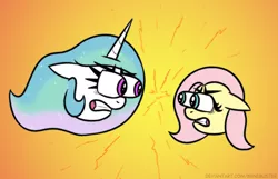 Size: 612x394 | Tagged: safe, artist:banebuster, derpibooru import, fluttershy, princess celestia, pony, series:tiny tia, big eyes, eye bulging, image, jpeg, meme, special eyes, stare, staredown