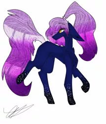 Size: 881x1024 | Tagged: safe, artist:yoonah, derpibooru import, oc, oc:stella, unofficial characters only, earth pony, pony, earth pony oc, image, jpeg, looking back, raised hoof, signature, simple background, solo, white background