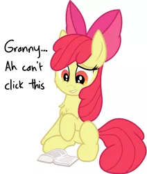 Size: 1722x2034 | Tagged: safe, artist:byteslice, artist:litrojia, derpibooru import, apple bloom, earth pony, pony, .svg available, book, bow, cheek fluff, chest fluff, collaboration, copypasta, female, filly, hair bow, image, implied granny smith, mare, meme, png, raised hoof, simple background, sitting, solo, vector, white background