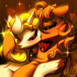 Size: 3000x3000 | Tagged: safe, artist:rrd-artist, derpibooru import, pegasus, pony, unicorn, blushing, closed, eye, eyes, female, glasses, heart, image, jpeg, kissing, lesbian, unshorn fetlocks