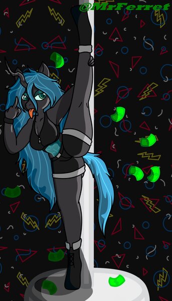 Size: 1000x1750 | Tagged: suggestive, artist:mr.ferret, derpibooru import, queen chrysalis, anthro, changeling, changeling queen, unguligrade anthro, breasts, female, image, jpeg, money, sexy, solo, solo female, standing, standing on one leg, standing splits, stripper, stripper pole, stupid sexy chrysalis, tongue out