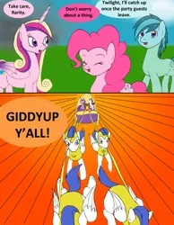 Size: 1000x1286 | Tagged: safe, artist:emilou1985, derpibooru import, applejack, crystal arrow, crystal beau, pinkie pie, princess cadance, rarity, twilight sparkle, crystal pony, pony, comic:signs, chariot, comic, dialogue, image, jpeg, royal guard