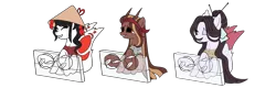Size: 1468x468 | Tagged: suggestive, artist:icey-wicey-1517, artist:lonelylavender, color edit, derpibooru import, edit, oc, oc:flaming broth, oc:little kit, oc:yuki cheri, unofficial characters only, dracony, dragon, earth pony, hybrid, pony, bondage, collaboration, colored, conical hat, erotic tickling, eyes closed, feather, female, females only, femsub, fetish, hairpin, hat, headband, hoof fetish, hoof tickling, image, kitsune, mare, markings, one eye closed, open mouth, png, raised leg, rope, rope bondage, simple background, sitting, stocks, submissive, tickle fetish, tickle torture, tickling, transparent background