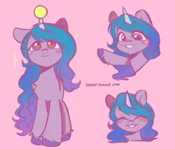 Size: 1896x1618 | Tagged: safe, artist:cottonsweets, derpibooru import, izzy moonbow, pony, unicorn, blushing, chest fluff, cute, eyes closed, female, g5, horn, horn guard, horn impalement, hornball, image, izzy's tennis ball, izzybetes, looking at you, mare, pink background, png, simple background, smiling, smiling at you, solo, sparkles, tennis ball, unshorn fetlocks, waving