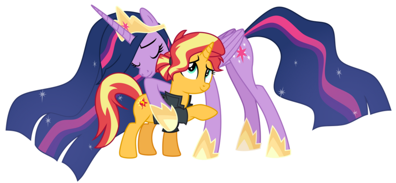 Size: 1024x473 | Tagged: safe, artist:emeraldblast63, derpibooru import, princess twilight 2.0, sunset shimmer, twilight sparkle, twilight sparkle (alicorn), alicorn, pony, unicorn, the last problem, anniversary, duo, duo female, female, happy birthday mlp:fim, hug, image, mare, mlp fim's tenth anniversary, older, older sunset, older twilight, png, reunion, simple background, transparent background