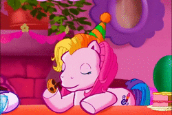 Size: 720x480 | Tagged: safe, derpibooru import, screencap, cheerilee (g3), pinkie pie (g3), scootaloo (g3), toola roola, earth pony, pony, meet the ponies, animated, blinking, cake, cookie, dexterous hooves, female, food, g3, hat, image, mare, offscreen character, open mouth, party hat, pinkie pie's party party, plate, potted plant, smiling, spoon, surprised, talking, webm