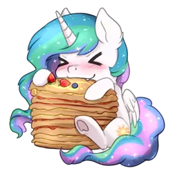 Size: 826x826 | Tagged: safe, artist:tokokami, derpibooru import, princess celestia, alicorn, pony, ><, blueberry, blushing, chibi, cute, cute little fangs, cutelestia, ear fluff, eating, eyes closed, fangs, female, food, herbivore, image, mare, pancakes, png, simple background, sitting, solo, strawberry, transparent background