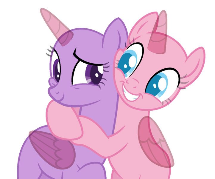 Size: 1615x1343 | Tagged: safe, artist:strawberry-spritz, derpibooru import, oc, unofficial characters only, alicorn, pony, alicorn oc, bald, base, duo, eyelashes, female, grin, horn, hug, image, looking back, mare, png, simple background, smiling, transparent background, wings