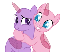 Size: 1615x1343 | Tagged: safe, artist:strawberry-spritz, derpibooru import, oc, unofficial characters only, alicorn, pony, alicorn oc, bald, base, duo, eyelashes, female, grin, horn, hug, image, looking back, mare, png, simple background, smiling, transparent background, wings