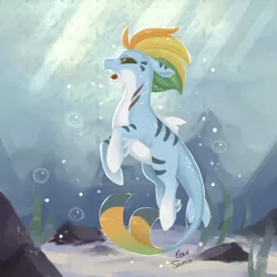 Size: 2449x2449 | Tagged: safe, artist:eeviart, derpibooru import, hybrid, merpony, sea pony, bubble, crepuscular rays, fins, fish tail, flowing mane, flowing tail, high res, image, looking up, ocean, open mouth, png, rock, seaweed, signature, solo, sunlight, swimming, tail, underwater, water, yellow eyes