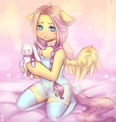 Size: 1856x1960 | Tagged: suggestive, artist:zefirka, derpibooru import, fluttershy, pegasus, rabbit, semi-anthro, abstract background, alternate hairstyle, animal, bed, bed sheets, blushing, choker, clothes, cute, garland, image, jpeg, kneeling, lingerie, looking at you, panties, pink underwear, ribbon, see-through, sheet, shyabetes, socks, stockings, thigh highs, underwear, wings