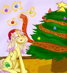 Size: 2345x2558 | Tagged: safe, artist:beyond_inside, derpibooru import, oc, oc:snow t. chaos, unofficial characters only, pony, unicorn, bauble, christmas, christmas tree, female, glowing horn, hat, holiday, horn, image, jpeg, licking, licking lips, looking up, magic, mare, raised hoof, santa hat, signature, sitting, solo, telekinesis, tongue out, tree, unicorn oc