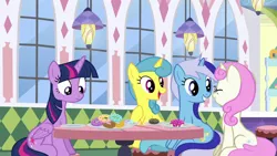 Size: 1280x720 | Tagged: safe, derpibooru import, screencap, lemon hearts, minuette, twilight sparkle, twilight sparkle (alicorn), twinkleshine, alicorn, pony, unicorn, amending fences, donut, female, food, image, mare, png, table