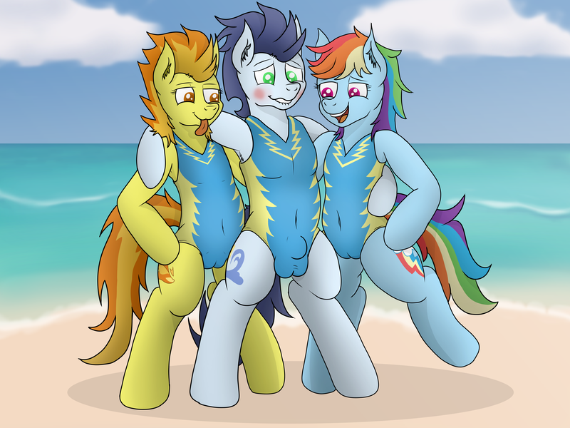 Size: 6666x5000 | Tagged: questionable, artist:tacomytaco, derpibooru import, rainbow dash, soarin', spitfire, pegasus, pony, beach, belly button, bipedal, blushing, cameltoe, clothes, crossdressing, crotch bulge, embarrassed body exposure, eyes on the prize, female, hug, image, male, one-piece swimsuit, png, swimsuit, tongue out, uniform, wonderbolts swimsuit, wonderbolts uniform