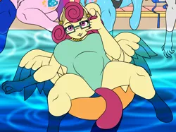Size: 2446x1825 | Tagged: suggestive, artist:dekomaru, derpibooru import, cup cake, posey shy, princess cadance, twilight velvet, anthro, pony, unguligrade anthro, big breasts, breasts, busty posey shy, clothes, cropped, female, glasses, image, inner tube, mare, milf, one-piece swimsuit, png, solo, solo female, swimming pool, swimsuit