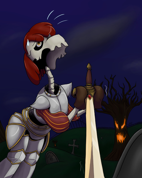 Size: 2593x3241 | Tagged: safe, artist:mixdaponies, derpibooru import, apple bloom, earth pony, skeleton pony, bone, image, jpeg, medevil, playstation all-stars battle royale, sir daniel fortesque, skeleton, sword, tombstones, weapon