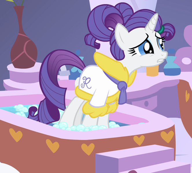 Size: 1546x1397 | Tagged: safe, derpibooru import, screencap, rarity, pony, unicorn, green isn't your color, bath, bathrobe, clothes, cropped, female, hair up, image, mare, png, ponytail, ponyville spa, robe, solo, spa, worried