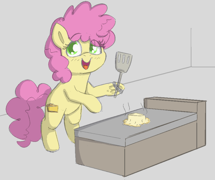 Size: 868x727 | Tagged: safe, artist:heretichesh, derpibooru import, li'l cheese, earth pony, pony, the last problem, blushing, cheese, female, filly, food, gouda, grill, grilled cheese, happy, image, png, rule 63, smiling, solo, spatula