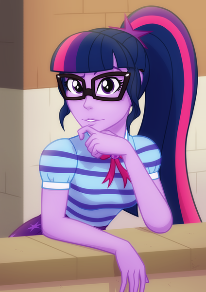 Size: 1980x2800 | Tagged: safe, artist:whitequartztheartist, derpibooru import, sci-twi, twilight sparkle, equestria girls, glasses, image, leaning, png, solo