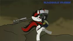 Size: 1701x957 | Tagged: safe, artist:blackholestudios, derpibooru import, screencap, oc, oc:blackjack, pony, unicorn, fallout equestria, fallout equestria: project horizons, broken, falling, fanfic art, female, great moments in animation, gun, image, jpeg, jumping, rifle, sniper rifle, solo, this will end in death, this will end in tears, this will end in tears and/or death, wasteland, weapon, youtube link, zero fucks given