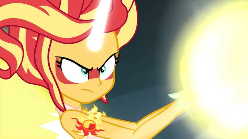 Size: 1920x1080 | Tagged: safe, derpibooru import, screencap, sunset shimmer, equestria girls, friendship games, bare shoulders, blast, daydream shimmer, determined, female, horn, image, magic, magic blast, png, sleeveless, solo, strapless