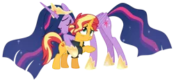 Size: 1024x473 | Tagged: safe, alternate version, artist:emeraldblast63, derpibooru import, princess twilight 2.0, sunset shimmer, twilight sparkle, twilight sparkle (alicorn), alicorn, unicorn, the last problem, bags under eyes, hug, image, older, older sunset, older twilight, png, simple background, transparent background