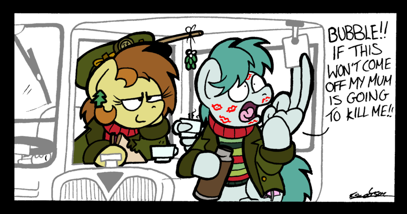 Size: 4406x2320 | Tagged: safe, artist:bobthedalek, derpibooru import, oc, oc:bubble pump, oc:clippy ticket, unofficial characters only, earth pony, pegasus, pony, comic:trottingham transport, bus, clothes, food, hat, image, kiss mark, lipstick, mistletoe, mistletoe abuse, panic, png, sandwich, smug, sweater, thermos, wing hands, wings