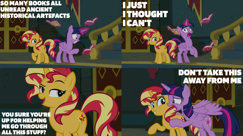 Size: 2000x1125 | Tagged: safe, derpibooru import, edit, edited screencap, editor:quoterific, screencap, sunset shimmer, twilight sparkle, twilight sparkle (alicorn), alicorn, pony, unicorn, equestria girls, equestria girls series, forgotten friendship, bipedal, book, don't take this away from me, freakout, glowing horn, horn, image, magic, magic aura, open mouth, png