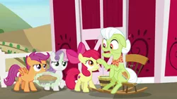 Size: 1920x1080 | Tagged: safe, derpibooru import, screencap, apple bloom, granny smith, scootaloo, sweetie belle, the big mac question, cutie mark, cutie mark crusaders, food, image, pie, png, the cmc's cutie marks