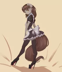 Size: 1032x1200 | Tagged: safe, artist:qweeli, derpibooru import, oc, oc:silver bubbles, unofficial characters only, anthro, plantigrade anthro, unicorn, apron, bow, clothes, embarrassed, femboy, high heels, image, jpeg, looking at you, looking to side, maid, male, platform heels, shoes, sissy, socks, stiletto heels, thigh highs, zettai ryouiki