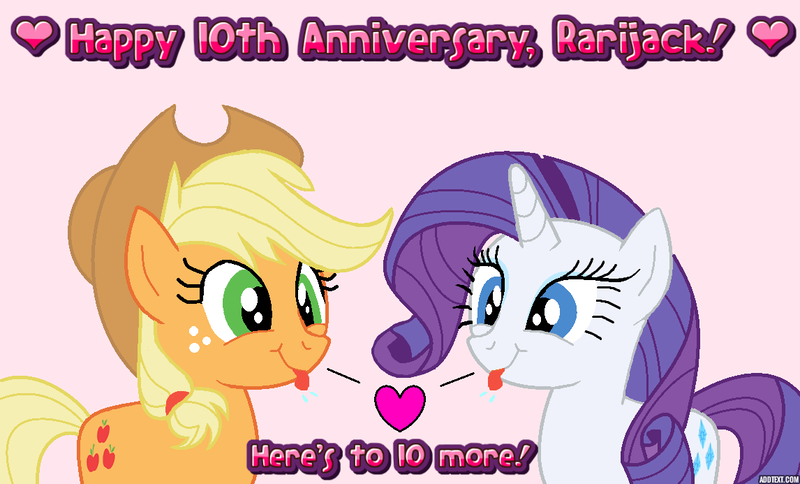 Size: 1146x693 | Tagged: safe, artist:raritybro, derpibooru import, applejack, rarity, earth pony, unicorn, derpibooru exclusive, female, happy birthday mlp:fim, image, lesbian, mlp fim's tenth anniversary, ms paint, png, rarijack, shipping, silly, smiling, text, tongue out