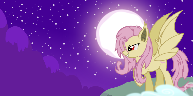 Size: 6000x3000 | Tagged: safe, artist:godoffury, derpibooru import, fluttershy, bat pony, pony, bats!, bat ponified, cliffside, cloud, female, flutterbat, image, moon, night, png, race swap, solo, stars, vector