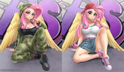 Size: 2000x1162 | Tagged: suggestive, artist:racoonsan, derpibooru import, fluttershy, human, anime, big breasts, blushing, boots, breasts, busty fluttershy, cap, cleavage, clothes, female, gameloft interpretation, graffiti, hat, humanized, image, jpeg, pants, shoes, skirt, solo, tanktop, winged humanization, wings