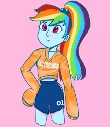 Size: 1024x1182 | Tagged: safe, artist:pettypop, derpibooru import, rainbow dash, equestria girls, clothes, hand on hip, hoodie, image, jpeg, midriff, oversized clothes, ponytail, shorts, solo