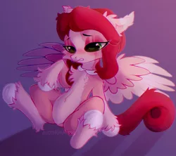 Size: 1468x1302 | Tagged: safe, artist:astralblues, derpibooru import, oc, unofficial characters only, pegasus, pony, bedroom eyes, chest fluff, cute, ear fluff, eyebrows, eyebrows up, eyeshadow, fluffy, image, jewelry, jpeg, leg fluff, makeup, necklace, pale belly, shy, sitting, socks (coat marking), solo, spread legs, spread wings, spreading, two toned wings, wings