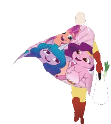 Size: 332x371 | Tagged: safe, derpibooru import, edit, izzy moonbow, pipp petals, sunny starscout, earth pony, human, pegasus, pony, unicorn, cape, clothes, g5, gen 5, groceries, image, one punch man, png, saitama