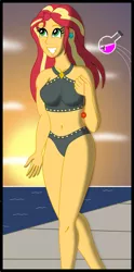 Size: 1000x2019 | Tagged: safe, artist:physicrodrigo, derpibooru import, part of a set, sunset shimmer, equestria girls, beach, beach shorts swimsuit, belly button, bikini, breasts, busty sunset shimmer, clothes, commission, ear piercing, earring, female, geode of empathy, grin, human to pony, image, imminent transformation, jewelry, looking up, magical geodes, midriff, ocean, piercing, png, potion, smiling, solo, story included, sun, sunset, sunset shimmer's beach shorts swimsuit, swimsuit, the conversion bureau, thrown, transformation, transformation sequence, vial, walking, walkway