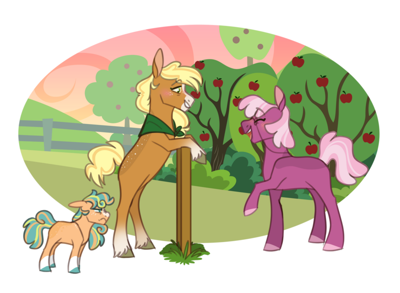 Size: 1280x937 | Tagged: safe, artist:echabi, derpibooru import, applejack, cheerilee, oc, oc:clarabelle apple, earth pony, pony, alternate design, apple, apple tree, bipedal, bipedal leaning, body freckles, cheerijack, female, fence, filly, food, freckles, glare, glasses, image, leaning, lesbian, missing cutie mark, mother and child, mother and daughter, neckerchief, nose wrinkle, offspring, parent:applejack, png, shipping, simple background, story included, sweet apple acres, transparent background, tree, unshorn fetlocks