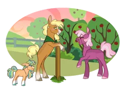 Size: 1280x937 | Tagged: safe, artist:echabi, derpibooru import, applejack, cheerilee, oc, oc:clarabelle apple, earth pony, pony, alternate design, apple, apple tree, bipedal, bipedal leaning, body freckles, cheerijack, female, fence, filly, food, freckles, glare, glasses, image, leaning, lesbian, missing cutie mark, mother and child, mother and daughter, neckerchief, nose wrinkle, offspring, parent:applejack, png, shipping, simple background, story included, sweet apple acres, transparent background, tree, unshorn fetlocks