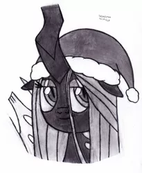 Size: 1024x1246 | Tagged: safe, artist:drchrisman, derpibooru import, queen chrysalis, changeling, changeling queen, bust, christmas, christmas changeling, female, hat, holiday, image, jpeg, santa hat