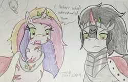 Size: 1115x717 | Tagged: safe, artist:gamerblitz77, artist:gmangamer25, derpibooru import, king sombra, princess cadance, alicorn, pony, umbrum, unicorn, the crystal empire, alternate character interpretation, alternate cutie mark, alternate scenario, alternate universe, armor, bevor, body scars, boots, chestplate, clothes, cloud, colored horn, corruptance, corrupted, corrupted cadance, criniere, croupiere, crown, crystal empire, cuirass, curved horn, dark magic, dark queen, disembodied horn, duo, echo world, evil cadance, fangs, fauld, female, glowing horn, gorget, hat, hoof shoes, horn, image, infidelity, jewelry, jpeg, magic, male, meta, peytral, plackart, possessed, possession, queen cadance, regalia, robe, role reversal, scar, shipping, shoes, simple background, skyscraper, sombra eyes, sombra's cape, sombra's horn, sombra's robe, somdance, straight, tiara, torch, traditional art, tyrant cadance, wall of tags, white background, word balloon, word bubble