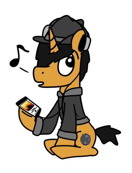 Size: 1144x1500 | Tagged: safe, artist:kaokraft, derpibooru import, oc, oc:kaokraft, pony, unicorn, black mane, clothes, fedora, hair over one eye, hat, headphones, i can't fix you, image, jacket, marigold, music notes, phone, png