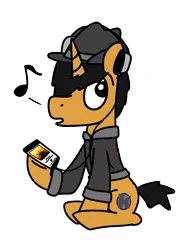 Size: 1144x1500 | Tagged: safe, artist:kaokraft, derpibooru import, oc, oc:kaokraft, pony, unicorn, black mane, clothes, fedora, hair over one eye, hat, headphones, i can't fix you, image, jacket, marigold, music notes, phone, png