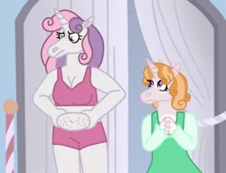 Size: 1280x977 | Tagged: safe, artist:kindheart525, artist:php138, derpibooru import, sweetie belle, oc, oc:triple threat, anthro, unicorn, auraverse, bra, chubbie belle, chubby, clothes, dress, female, image, implied weight gain, jpeg, mother and child, mother and daughter, offspring, parent:sweetie belle, parent:tender taps, parents:tenderbelle, story included, underwear
