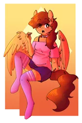 Size: 1392x2071 | Tagged: safe, artist:kitberryart, derpibooru import, oc, oc:alto clef, unofficial characters only, anthro, pegasus, unguligrade anthro, choker, clothes, commission, cute, eye clipping through hair, female, image, lipstick, open mouth, png, simple background, sitting, skirt, socks, solo, thigh highs