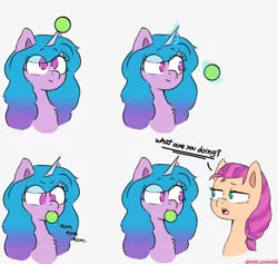 Size: 3273x3101 | Tagged: safe, artist:endo, derpibooru import, izzy moonbow, sunny starscout, earth pony, pony, unicorn, chest fluff, cute, dialogue, female, g5, high res, horn, horn guard, horn impalement, hornball, image, izzy's tennis ball, izzybetes, looking at each other, magic, mare, no pupils, nom, onomatopoeia, open mouth, png, simple background, sketch, solo, telekinesis, tennis ball, text, that pony sure does love tennis balls, white background