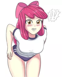 Size: 1989x2460 | Tagged: safe, artist:sumin6301, derpibooru import, apple bloom, equestria girls, blushing, breasts, busty apple bloom, clenched teeth, embarrassed, exclamation point, female, image, jpeg, looking at you, older, older apple bloom, solo, sports panties