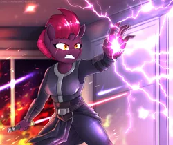 Size: 4500x3776 | Tagged: safe, artist:felixf, derpibooru import, tempest shadow, anthro, unicorn, crossover, female, image, lightning, lightsaber, png, sith, solo, star wars, weapon