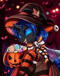 Size: 2550x3209 | Tagged: safe, artist:pridark, derpibooru import, part of a set, oc, oc:swift dawn, changeling, pony, blue changeling, candy, changeling oc, clothes, commission, eyebrows visible through hair, food, halloween, hat, high res, holiday, image, jack-o-lantern, male, open mouth, png, pumpkin, solo, stallion, wings, witch hat, ych result
